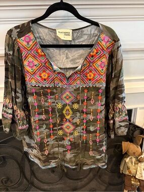 Savanna Jane Olive Camo Embroidered Boho Blouse